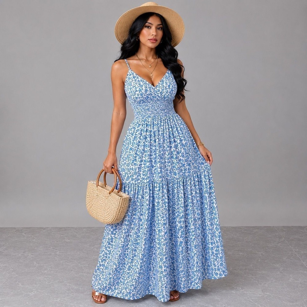 Blue Floral Smocked Tiered Maxi Dress Sleeveless V-Neck Summer Sundress